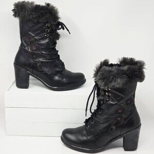 Dromedaris GOLDIE Black Leather Faux Fur Embroidered Floral Lace 36 US 5.5 - 6